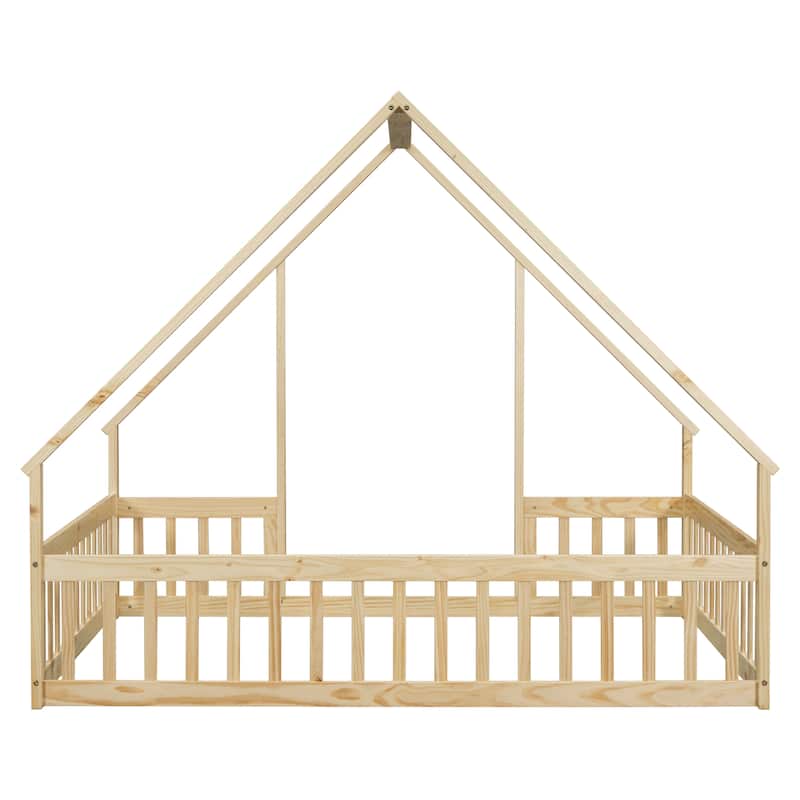 Natural Full Size Pine House-Shaped Floor Bed with Roof & Guardrails
