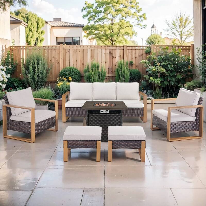 Pocassy Outdoor Fire Pit Conversation Set 3-Seat Sofa Chairs Patio Furniture Set - Brown Wicker Beige Cushion - 6-Piece Sofa Patio Chair Ottoman with Fire Table