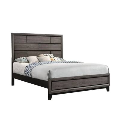 Asir Queen Size Bed, Geometric Panel Headboard, Modern Gray Wood Finish