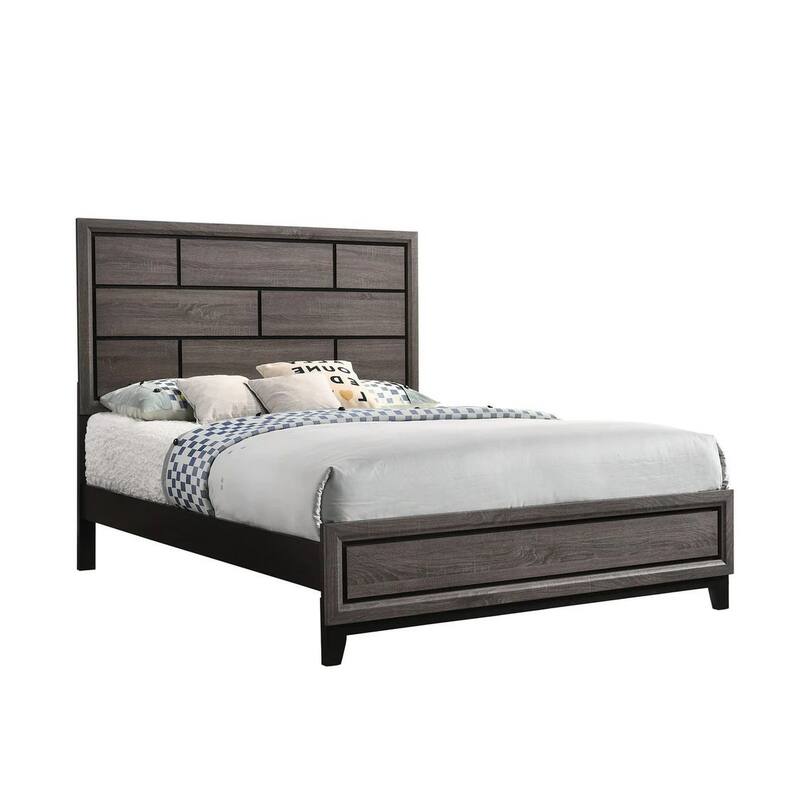 Asir Twin Size Bed, Geometric Panel Headboard, Modern Gray Wood Finish