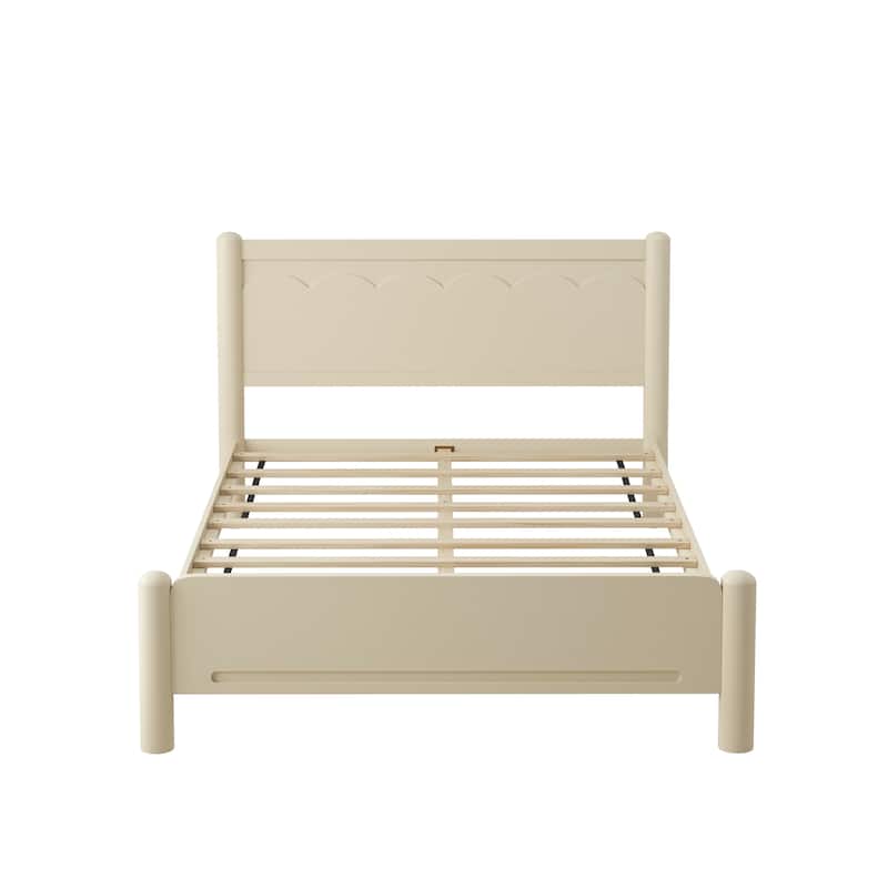 Queen Size Wood Platform Bed with Headboard, Solid Wood Legs, No Box Spring Needed, Beige