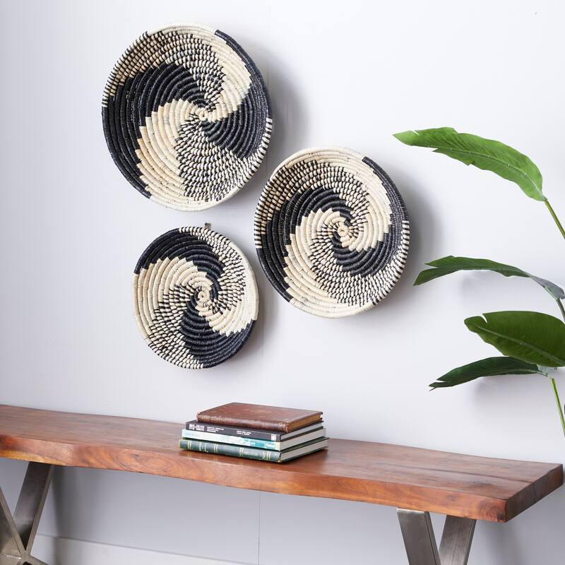 Black Seagrass Handmade Spiral Basket Plate Home Wall Decor (Set of 3)