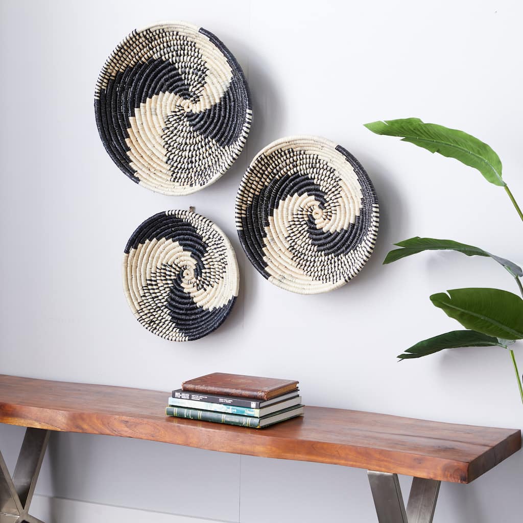 Black Seagrass Handmade Spiral Basket Plate Home Wall Decor (Set of 3)