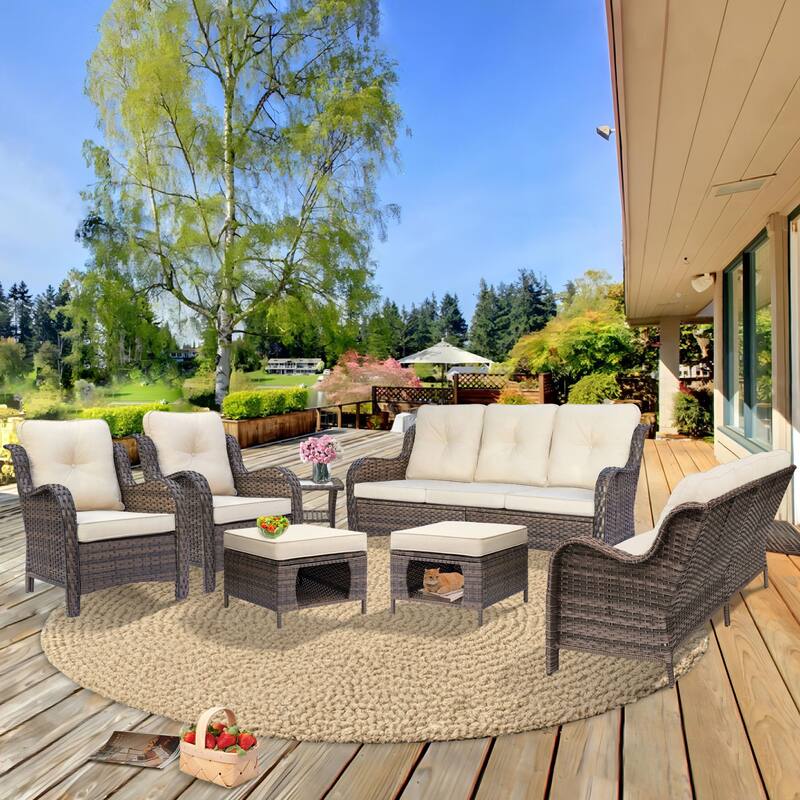 Brown Wicker Outdoor Patio Conversation Sofa Sets with Storage Ottoman - 7-Pieces - Beige Cushion/Brown Wicker