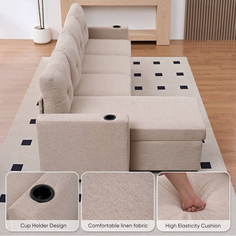 Mixoy 101"Linen 4-Seater Modular Sofa with Storage Chaise,Sleeper Sofa with Pull-out Bed