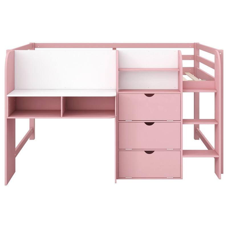 Full Size Low Loft Bed with Built-in Desk,Storage Cabinets and Open Bookcase,Whiteboard for Graffiti