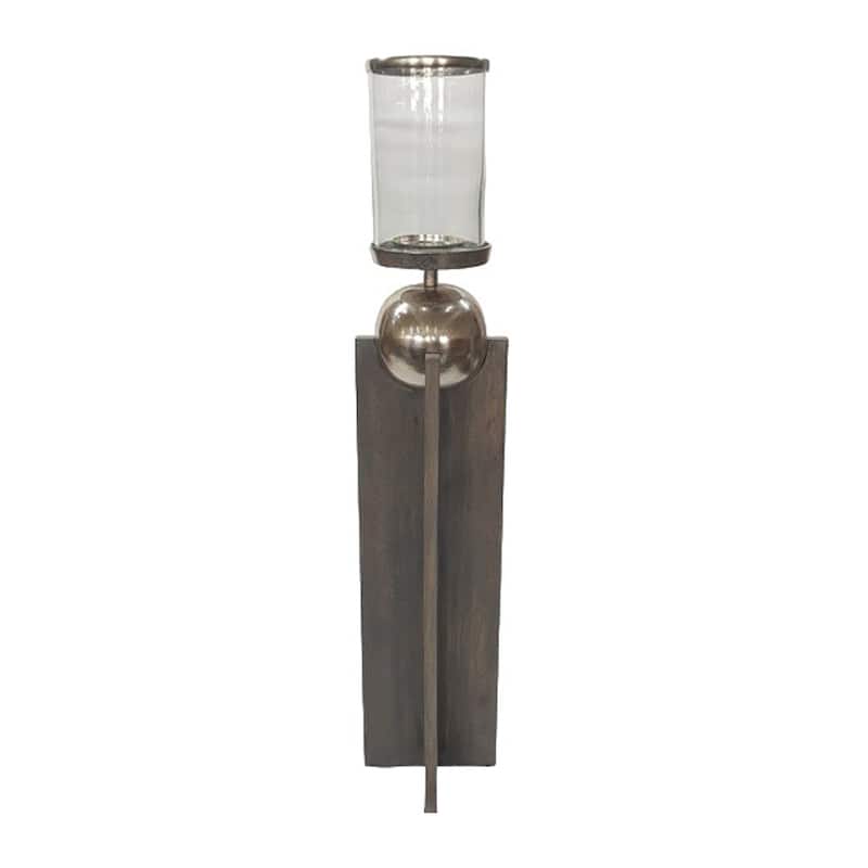 Candle Holder - Gray Wood Pillar with Metal Sphere