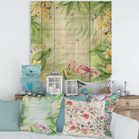 Designart 'Tropical Foliage, Yellow Flowers With Flamingo I' Modern Print on Natural Pine Wood