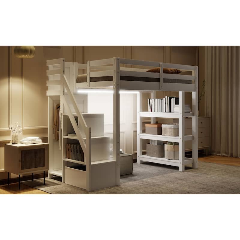 Roomfitters Twin/Full Size Loft Bed with Wardrobe, Storage Staircase and LED Light, White