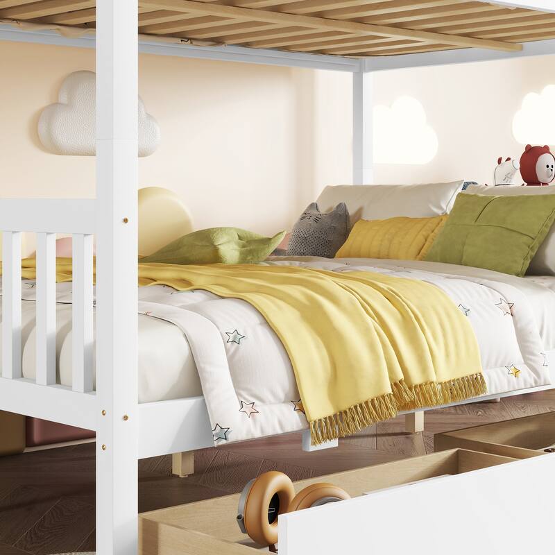 Convertible Full Over Full Rubber Wood Bunk Bed with 2 Drawers, Ladder, and Safety Guardrails, White