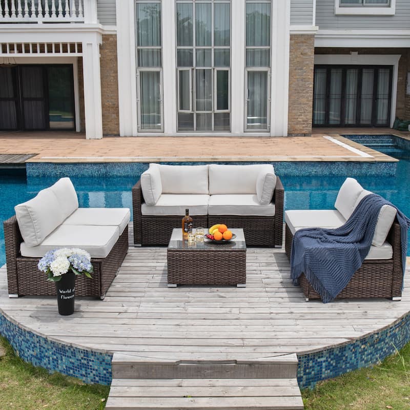 COSIEST 7-Piece Outdoor Patio Sectional Wicker Sofa With Coffee Table - BrownWicker+OffwhiteCushion