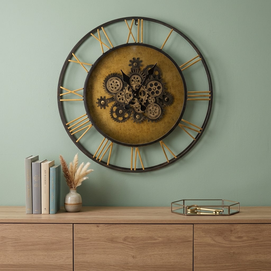 HomeRoots 28" Circle Copper Metal and Glass Analog Exposed Gear Wall Clock - 28.00 in. x 28.00 in. x 3.50 in.