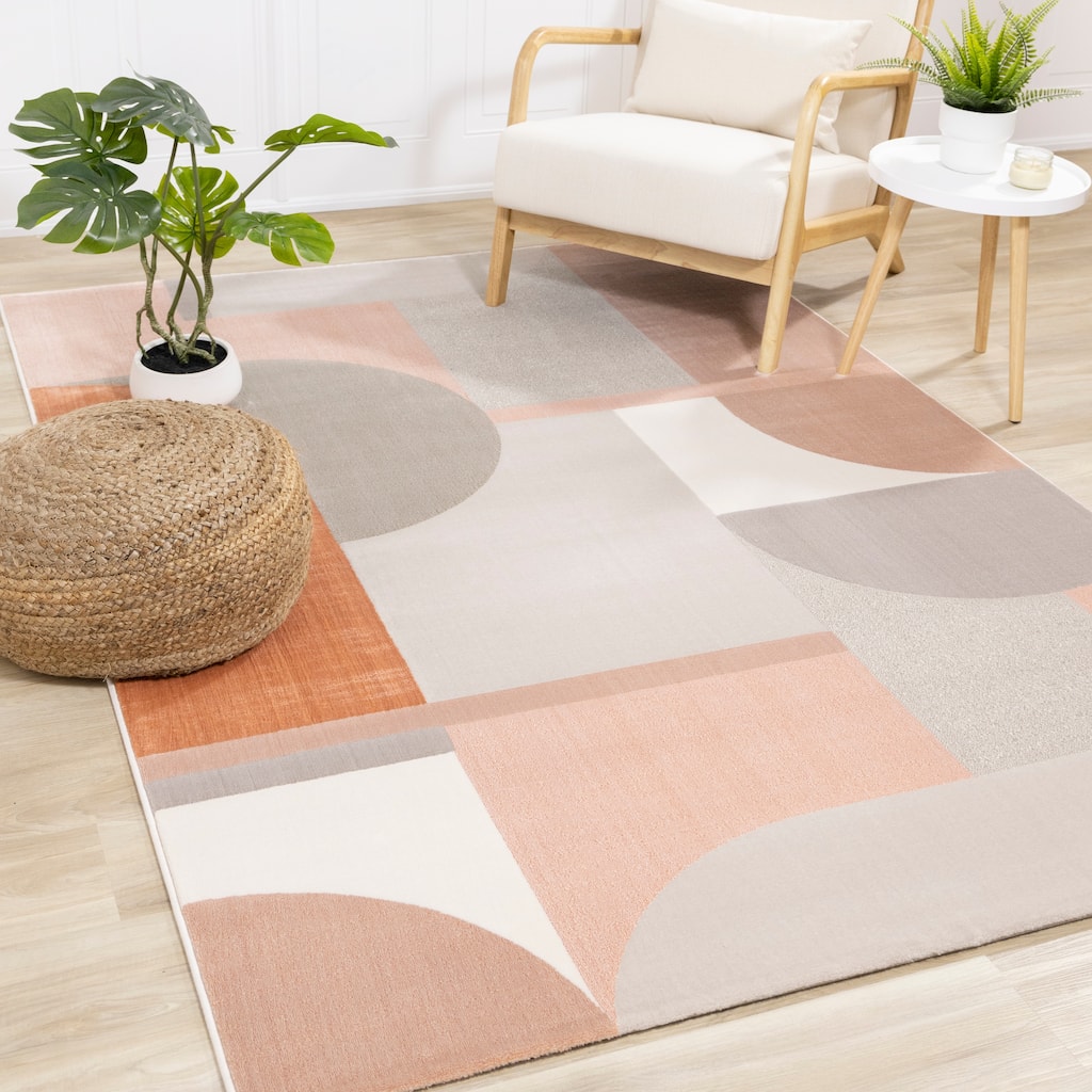 Bloom Collection - Pink/Grey/Cream Modern Art Area Rug, 5'3" x 7'7"