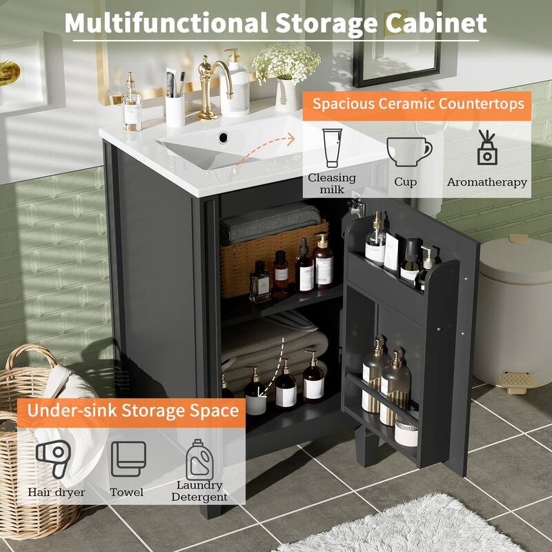 20" Bathroom Vanity with Ceramic Sink, Soft-Close Door, Adjustable U-Shaped Shelf, and Door-Mounted Storage Rack