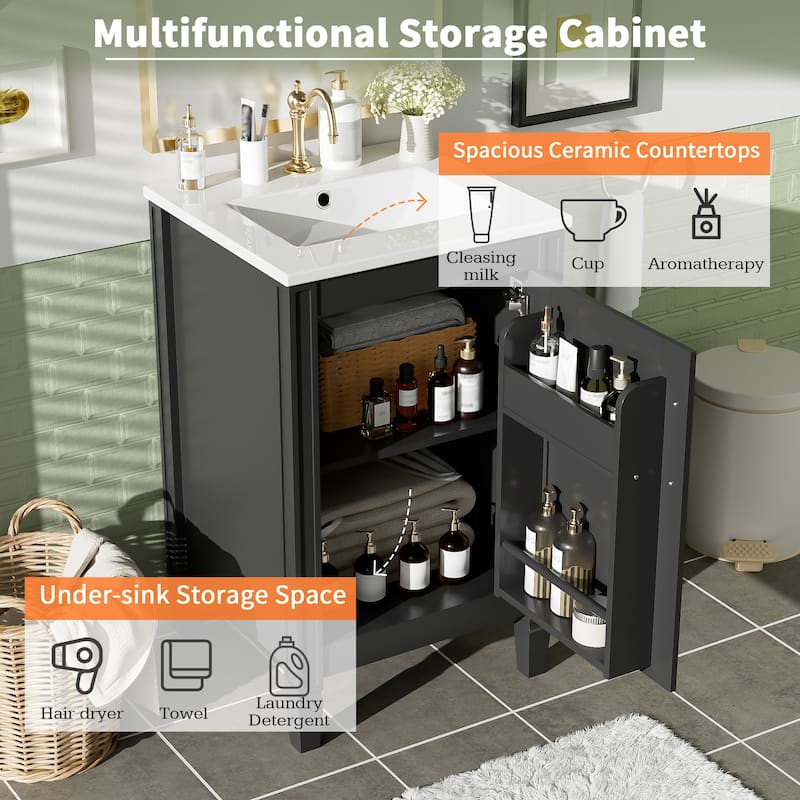 20"Bathroom Vanity with Ceramic Sink,Soft Close Door,Adjustable U-Shaped Shelf,Door Storage Rack,Modern Freestanding Cabinet