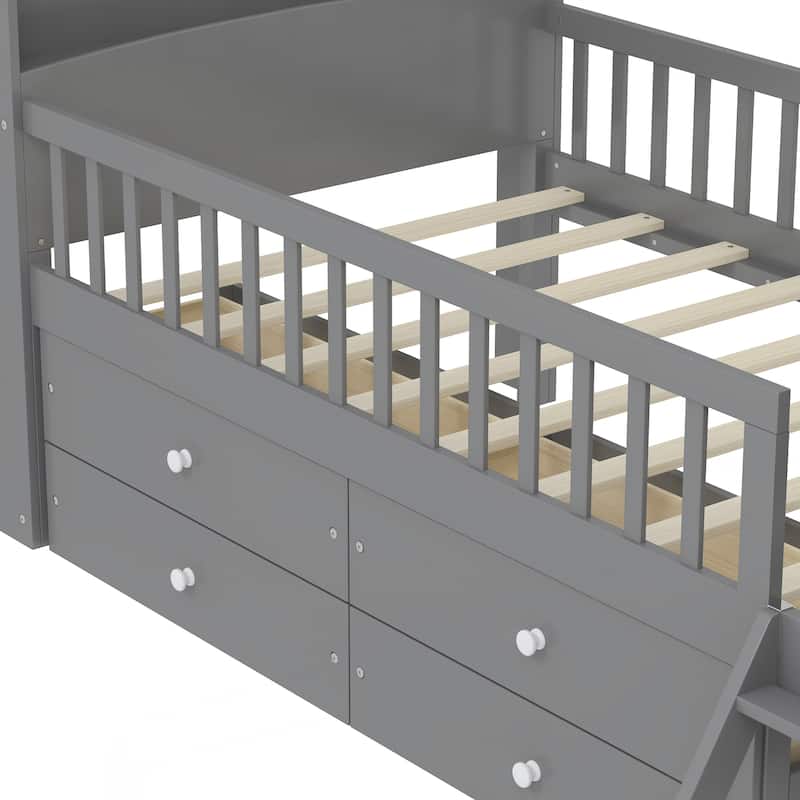 Twin Bed Frame with Storage 4 Drawers,Wooden Bed Frame for Kids,Platform Twin Size Bed with Guardrail Headboard