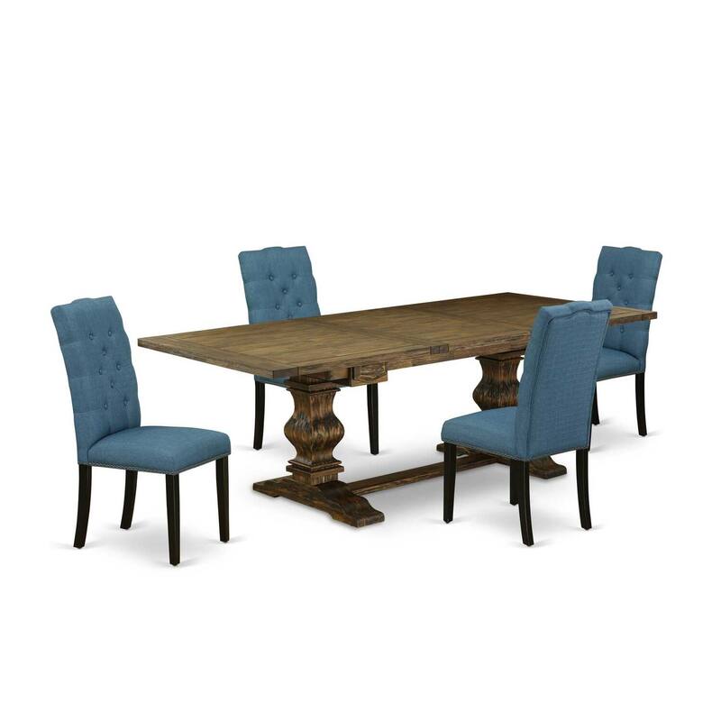 5-Piece Dining Table Set - Wood Table & Linen Fabric Chairs - Distressed Jacobean & Black Finish