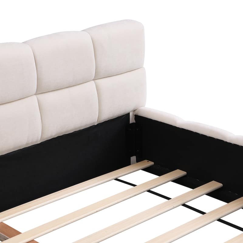 Queen / King Beige Chenille Upholstered Bed with Checkerboard Headboard
