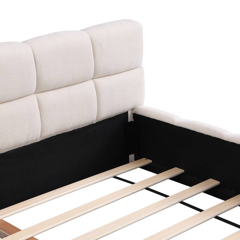 Roomfitters Queen Chenille Upholstered Bed with Checkerboard Headboard, Beige