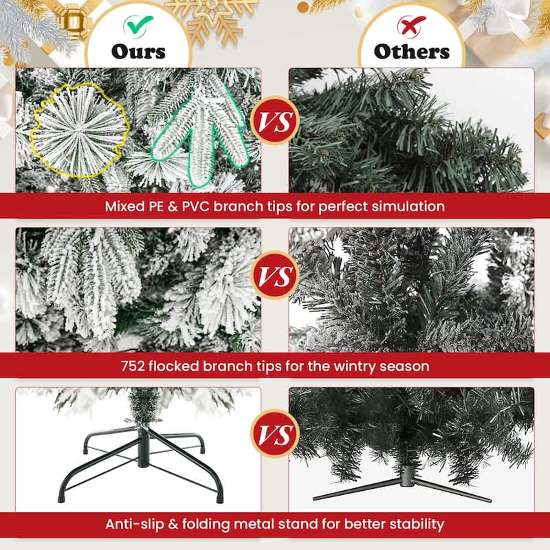 Costway 6/7 FT Pre-Lit Flocked Christmas Tree Hinged Xmas Decoration