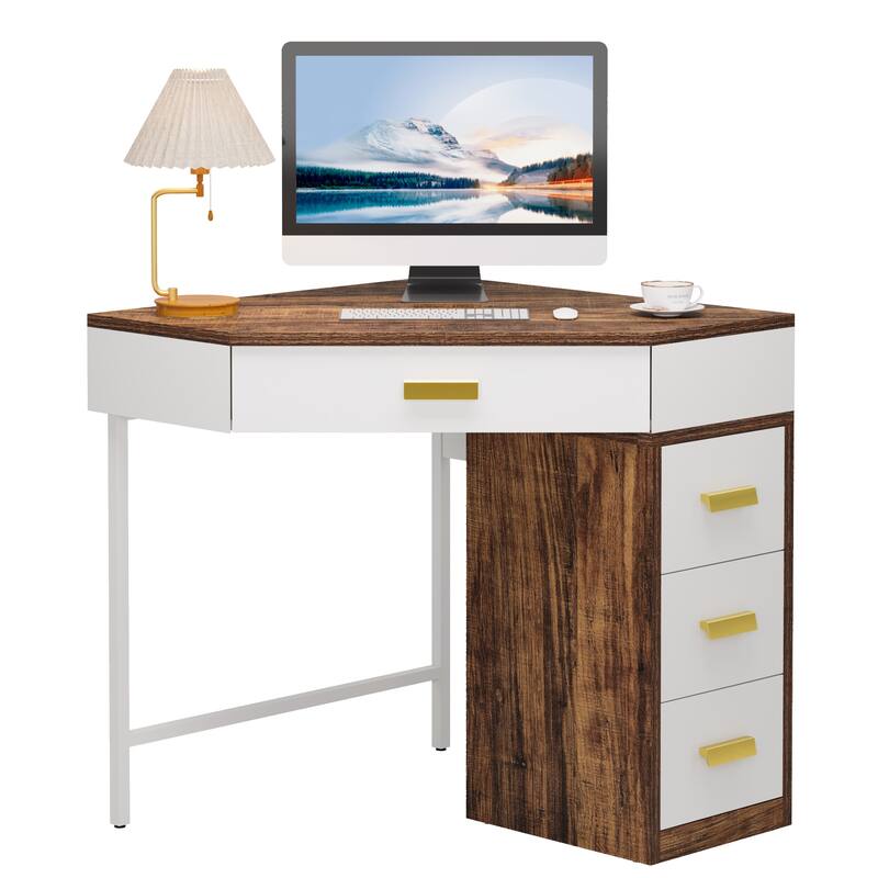Corner Desk with Drawers, Computer Writing PC Makeup Vanity Storage Desk, Home Office Living Room Bedroom Accent Desk