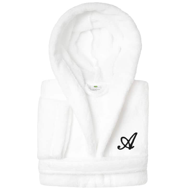 Sweet Kids 100% Polyester SUPER PLUSH Double Brushed Hooded Bathrobe with Black Script Monogram - Small - A