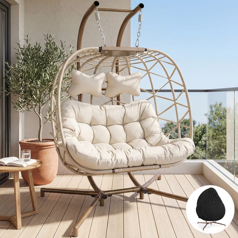 Oversized Outdoor Double Swing Egg Chair, 700 lbs Capacity 2-Person Hanging Egg Chair Swing with Cushion - Beige/Cover