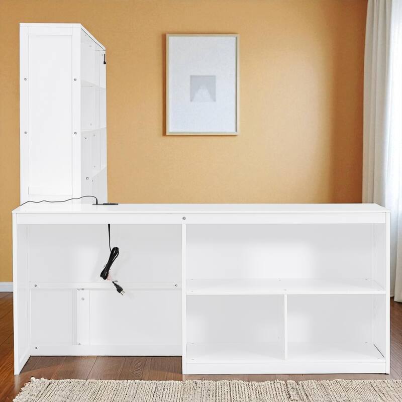 Full Size Wooden Daybed with Desk, Shelves & Lights, 3 Drawers, Reversible Layout, 76 x 68.9 x 65.2 in