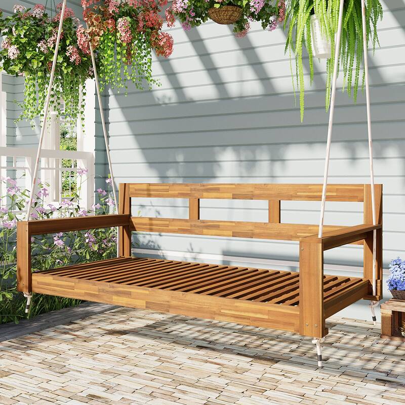 Twin Size Wooden Porch Swing Daybed - Outdoor Hanging Rope Swing with 600lb Weight Capacity for Patio, Garden, Backyard - Natural Tan