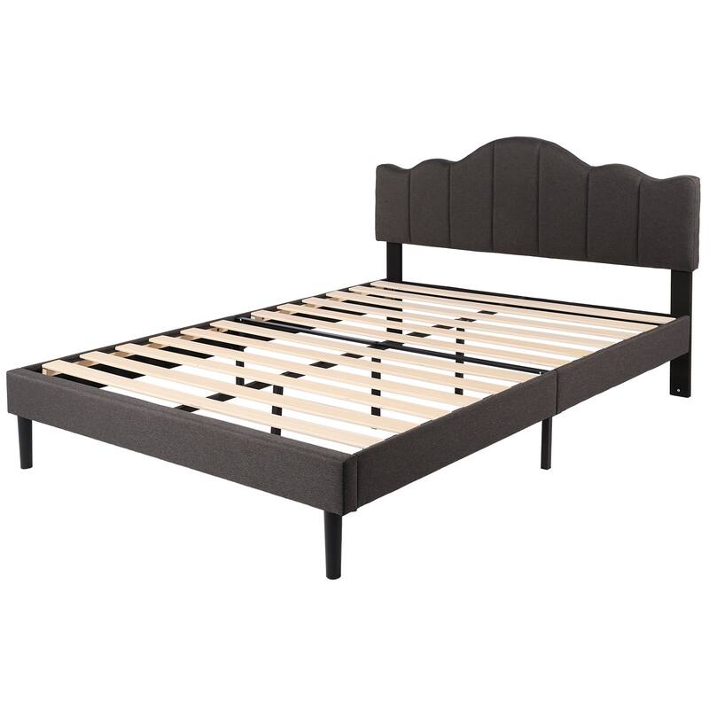 VECELO Modern Upholstered Bed with Curved Height Adjustable Headboard,Dark Grey