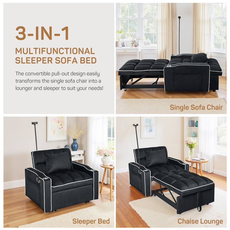 37 in. W 3-in-1 Convertible Chair Bed Suede Pull Out Twin Size Sofa Bed with USB Ports, Cup & Phone Holder