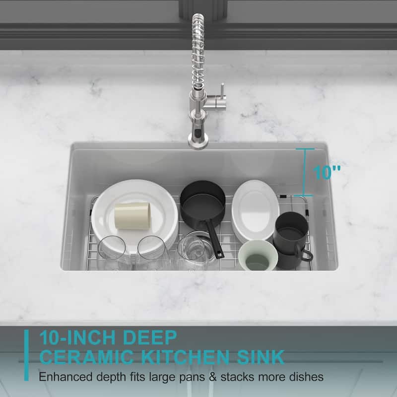 Undermount Single Bowl Fireclay Kitchen Sink - Dual Mount White Porcelain Fireclay Rectangular Deep Single Bowl Sink Basin
