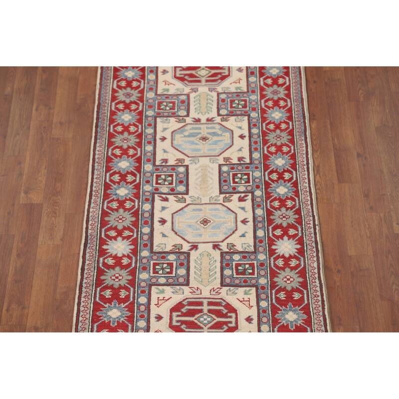 Geometric Kazak Runner Rug Hallway Handmade Wool Carpet - 2'9" x 9'4"