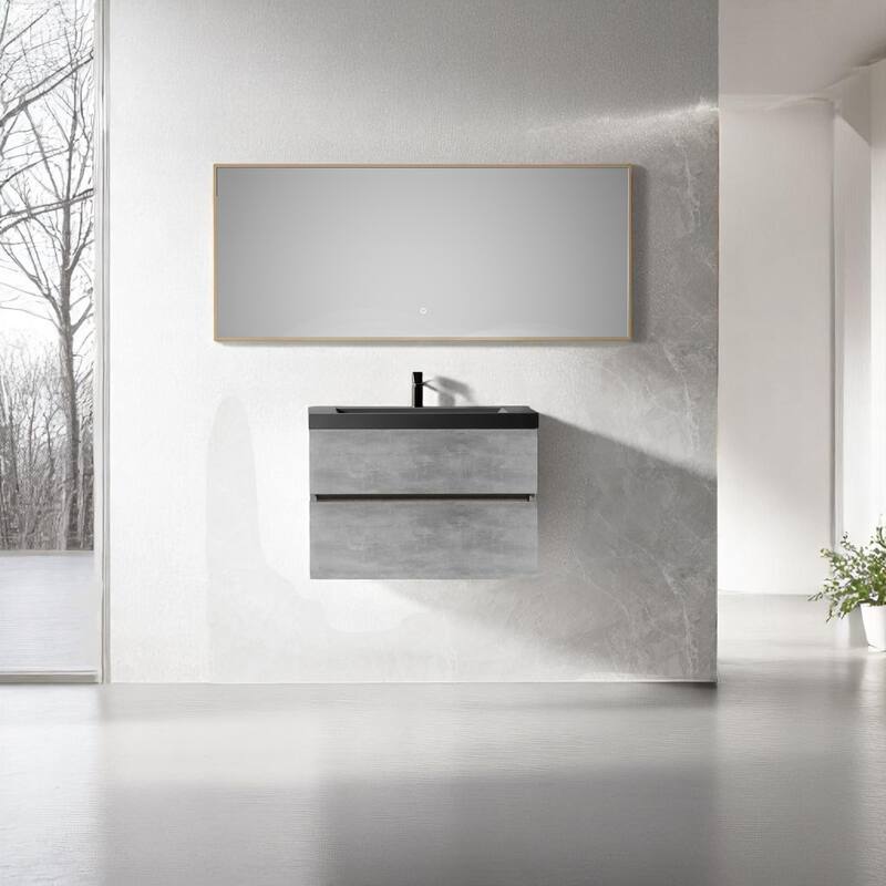 24"/30"/36"/42" Floating Bathroom Vanity with Black Quartz Sand Sink, Grey Wall-Mounted Cabinet, Soft Close Drawers - 30"