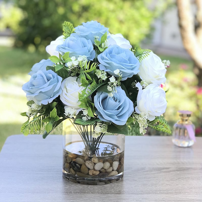 Enova Home Artificial 18 Heads Cream Blue Fake Silk Rose Flowers Arrangement in Clear Glass Vase with River Rock for Home Decor