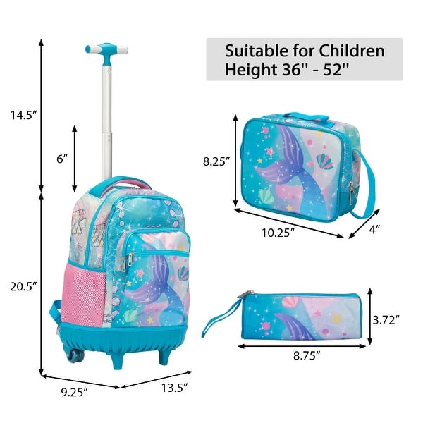 dimension image slide 1 of 3, 20-Inch 3PCS Kids Rolling Luggage Set, Trolley Backpack with Lunch Bag and Pencil Case for Girls, Suitcase with Mermaid Pattern