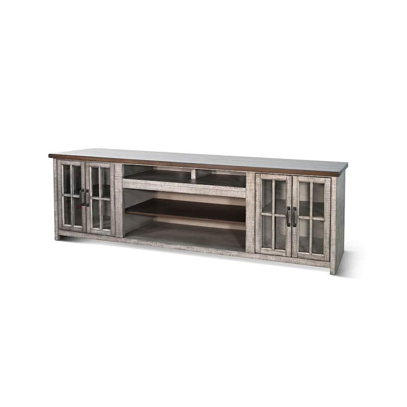 Zeka TV Media Console, 98 Inch w 2 Glass Cabinets, Gray Mahogany Wood