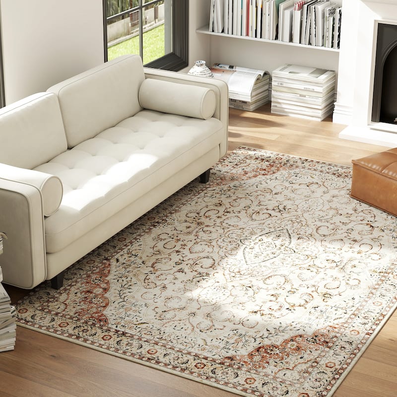 HOMCOM Area Rug 5x7, Machine Washable Rug, Non-Slip Classical Floral Print Floor Cover Foldable Carpet for Living Room,