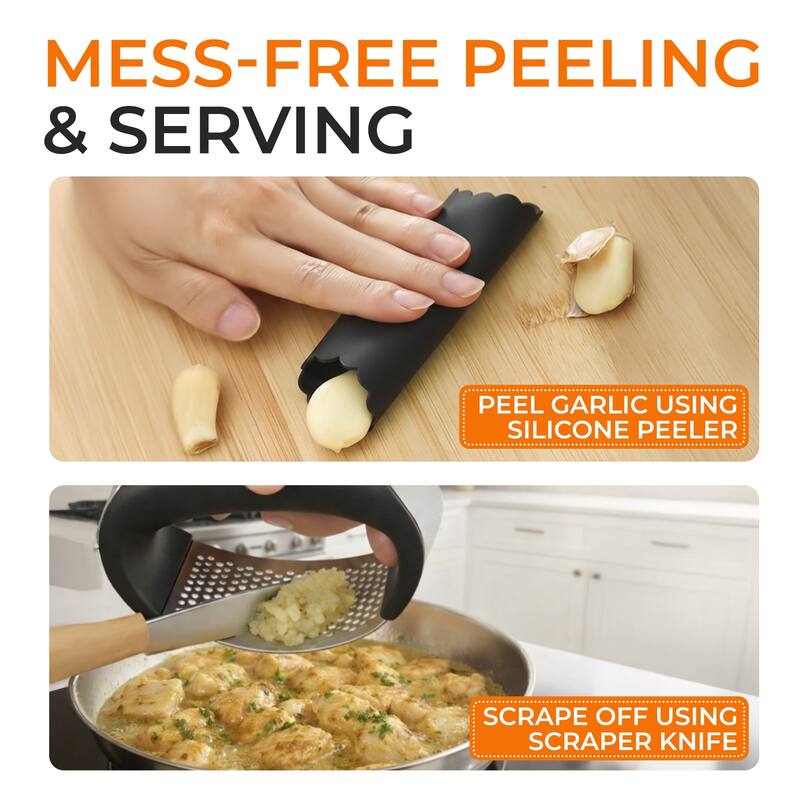 Cheer Collection Stainless Steel Garlic Press Rocker Set with Peeler Scraper and Cleaning Brush Black