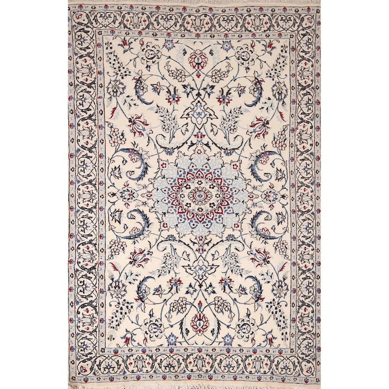 Beige Floral Nain Foyer Rug Hand-Knotted Wool Carpet - 4'1" x 6'4"