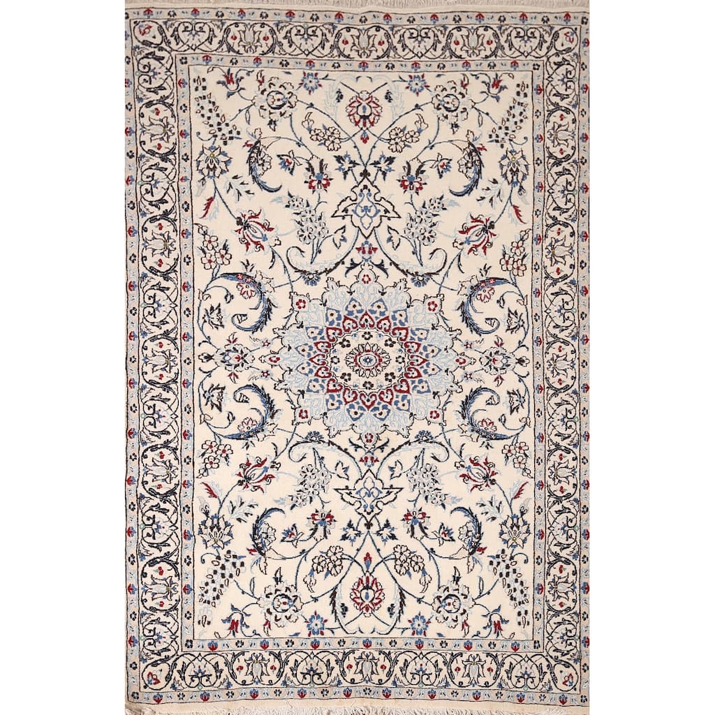 Beige Floral Nain Foyer Rug Hand-Knotted Wool Carpet - 4'1" x 6'4"