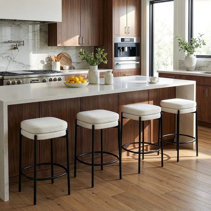 Set of 2 Avril White Boucle Backless Counter Stool with Black Metal Legs