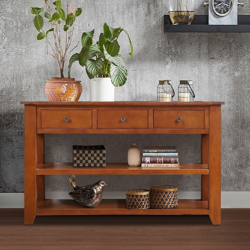 Solid Pine Wood Top Console Table with 3 Drawers and 2 Shelves