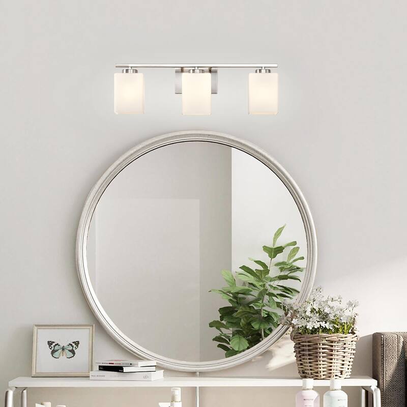Brushed Nickel Indoor Bathroom Vanity Lights with Etched White Glass Square Rectangle Shades