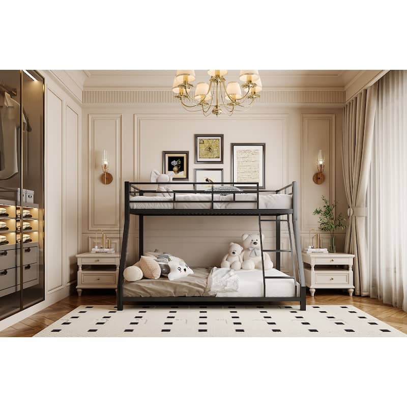 Twin over Queen Metal Bunk Bed with Safety Guardrail and Ladder