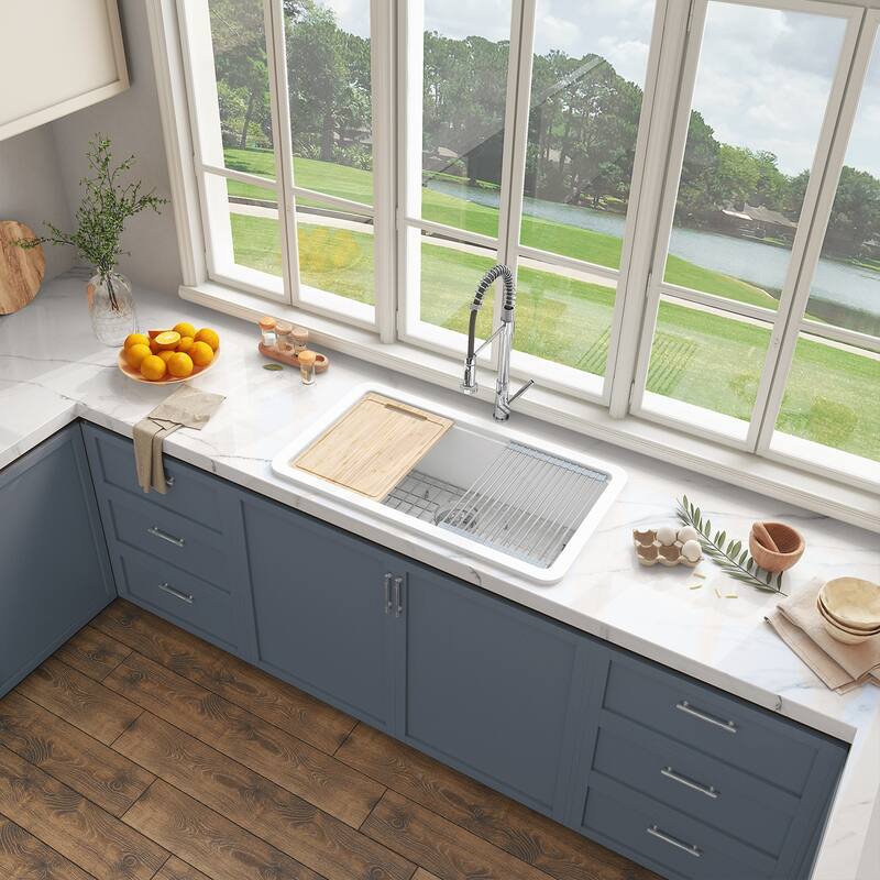 Sinber Farmhouse Apron Single Bowl Kitchen Sink with Fireclay White Finish
