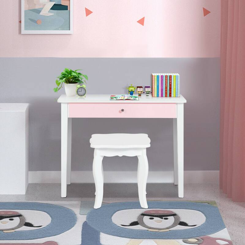 Gymax Kids Vanity Princess Make Up Dressing Table W/ Tri-folding - See Details