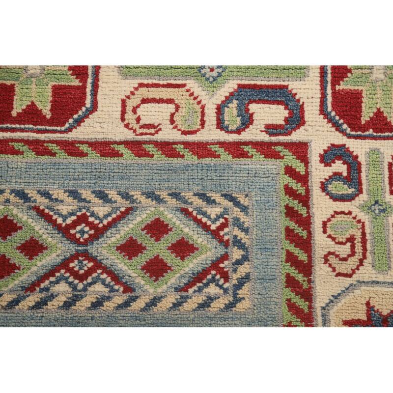Light Blue Kazak Runner Rug Hand-Knotted Geometric Wool Carpet - 3'4" x 16'0"