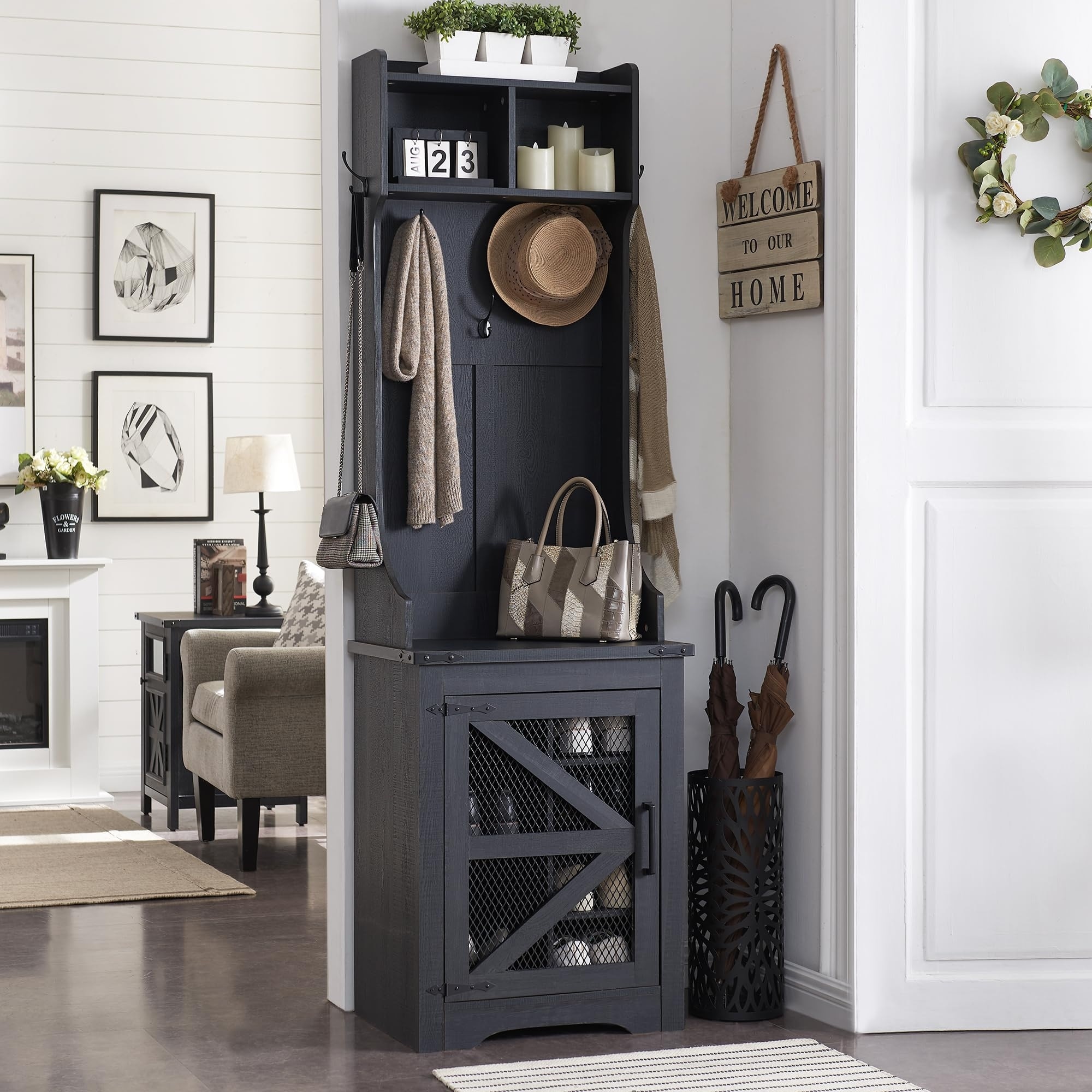 Entryway Bench with Coat Rack 6 Shoe Cubbies 5 Coat Hooks Narrow Hall Tree w Shoe Storage Bench Mudroom Storage Cabinet