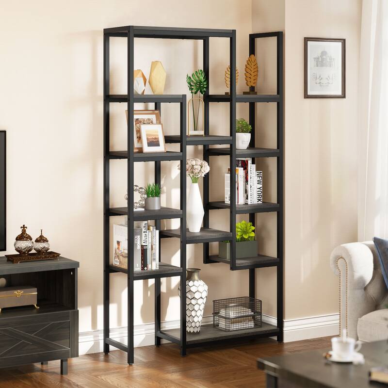 Wood 6-Tier Gold Bookshelf 71" Tall Modern Free Standing Bookshelf with 12 Shelves